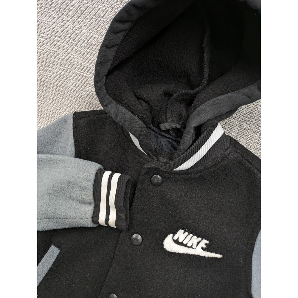 Nike Kids Varsity Letterman Jacket Black Grey Hooded Snap Front Size 4 XS 4479